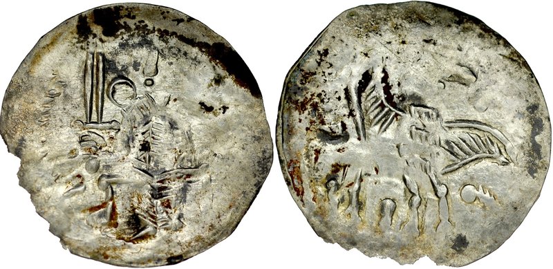 Bolesław IV Kędzierzawy 1146-1173, Denar, Av.: Książę z mieczem, Rv.: Gryf.
 Ko...