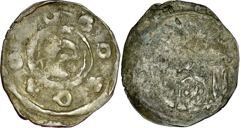 Pomorze Zachodnie, Denar, Av.: Łeb Gryfa, dookoła kółka i krzyżyki, Rv.: Głowa m...