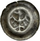 Brakteat guziczkowy II poł. XIII w., Mazowsze?, Wielkopolska?, 1. ćwierć XIV w., Av.: Orzeł heraldyczny z łapami, w prawo, po trzy pióra w skrzydle....