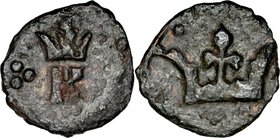 Kazimierz Wielki 1333-1370, Denar ruski, Av.: Ukoronowana litera K, z boku trzy kropki, Rv.: Korona.