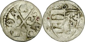 Ludwik Węgierski 1370-1382, Denar, Poznań, Av.: Herb Andegawenów w tarczy, dokoło trzy kółka; Rw: Herb miasta Poznania - dwa skrzyżowane klucze, wokoł...