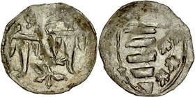Ludwik Węgierski 1370-1382, Denar, Kraków. Av.: Orzeł piastowski, Rv.: Tarcza herbowa Andygawenów.