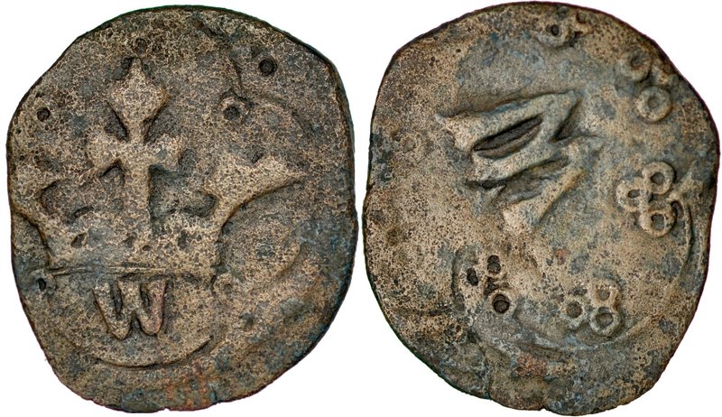 Władysław Opolczyk 1372-1379, Denar ruski, Av.: Litera W w ornamencie, Rv.: Koro...