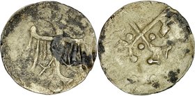 Jadwiga 1384-1386, Denar, Poznań, Av.: Orzeł piastowski, Rv.: Dwa skrzyżowane klucze, RR.
