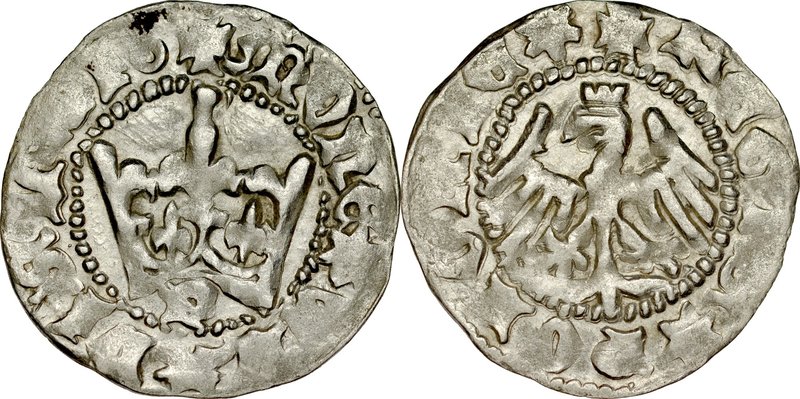 Władysław Jagiełło 1386-1434, Półgrosz, Kraków, Av.: Korona, pod nią litera P, R...