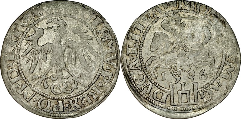 Zygmunt I Stary 1506-1548, Grosz 1536 F, Wilno.
 Kop. 3194 R5, Ivanauskas 2S65-...
