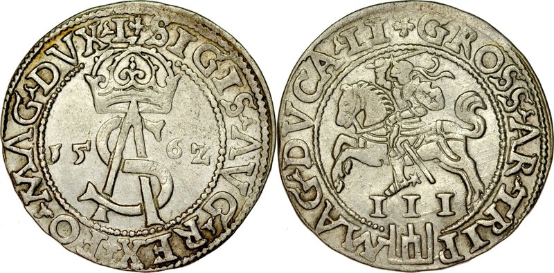 Zygmunt II August 1545-1572, Trojak 1562, Wilno.
 Kop. 3305, Iger V.62.2.r, Iva...