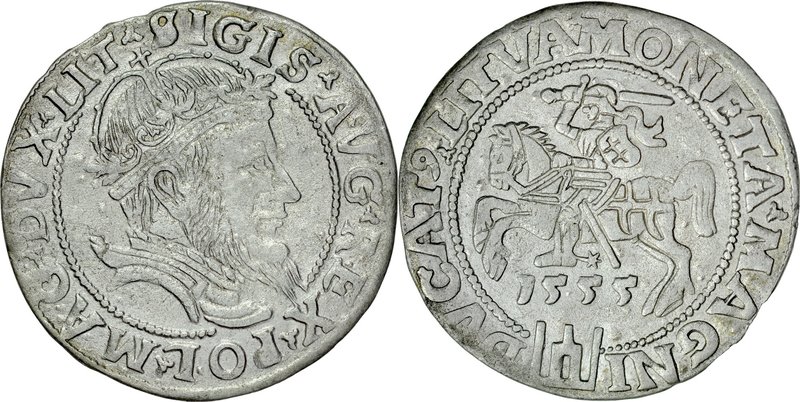 Zygmunt II August 1545-1572, Grosz na stopę litewską 1555, Wilno.
 Kop. 3294 R5...