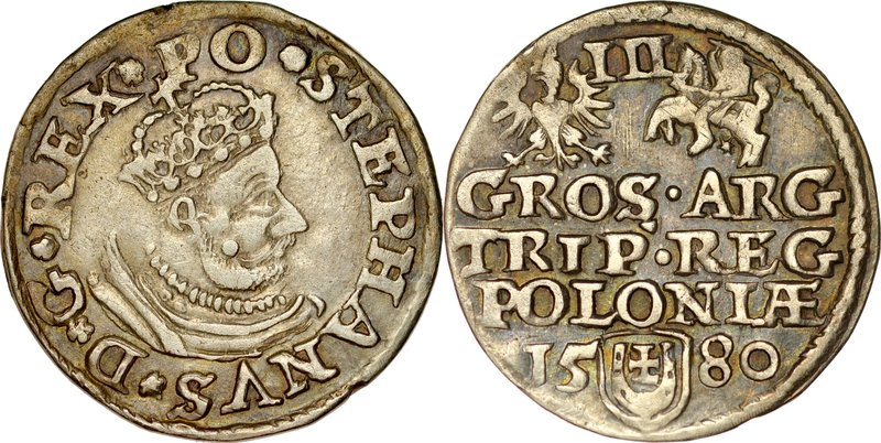 Stefan Batory 1576-1586, Trojak 1580, Olkusz.
 Kop. 516 R7, Iger O.80.8.b, Gum....