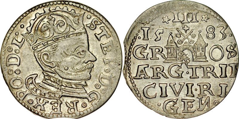 Stefan Batory 1576-1586, Trojak 1583, Ryga.
 Kop. 8092, Iger R.83.1.c, Gerb. 4,...