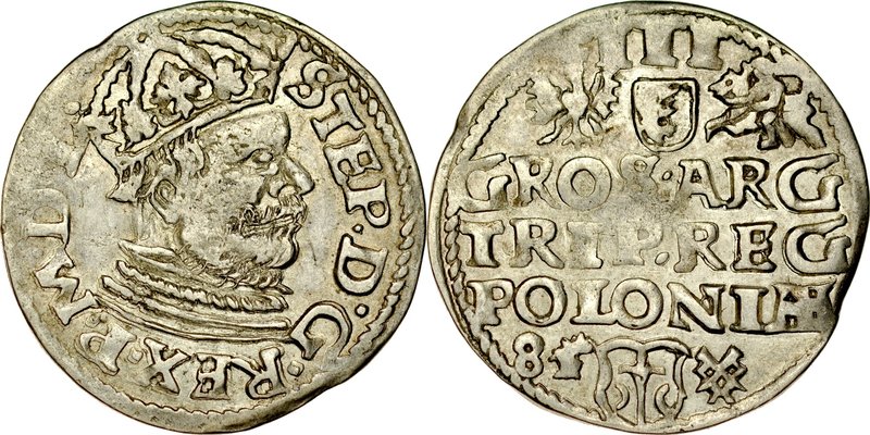 Stefan Batory 1576-1586, Trojak 1585, Poznań.
 Kop. 529, Iger P.84.1.a, Gum. 71...