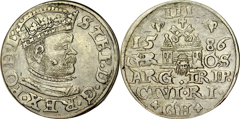 Stefan Batory 1576-1586, Trojak 1586, Ryga.
 Kop. 8097, Iger R.86.2.c, Gerb. 2...