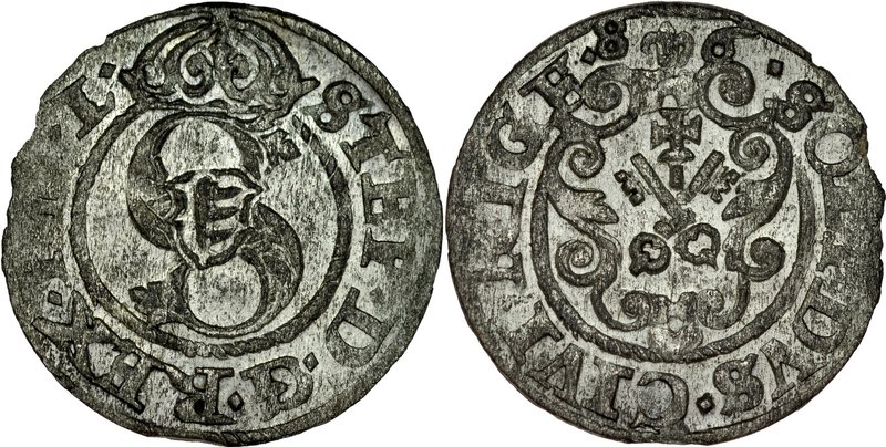 Stefan Batory 1576-1586, Szeląg 1586, Ryga.
 Kop. 8079, Kurp. 418, Gerb. 2.6, a...