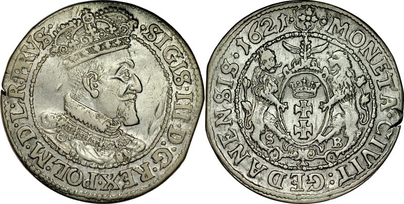 Zygmunt III 1587-1632, Ort 1621, Gdańsk.
 Kop. 7500, Kurp. 2252, Gum. 1389, usz...