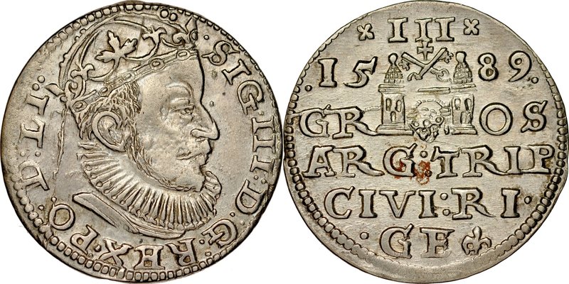 Zygmunt III 1587-1632, Trojak 1589, Ryga.
 Kop. 8178, Iger R.89.3.c, Gerb. 3, p...