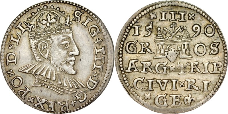 Zygmunt III 1587-1632, Trojak 1590, Ryga.
 Kop. 8184, Iger R.90.1.var, Gerb. 22...