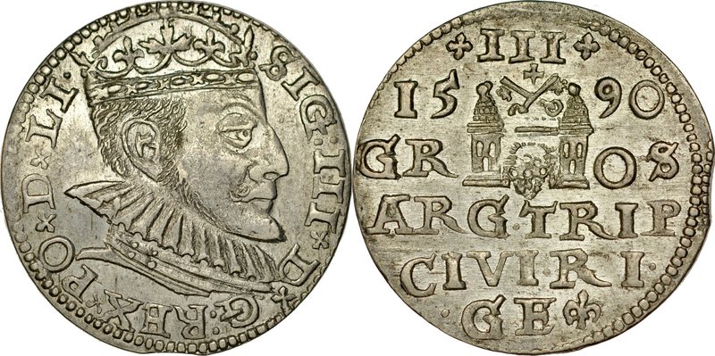 Zygmunt III 1587-1632, Trojak 1590, Ryga.
 Kop. 8183, Iger R.90.2.c, Gerb. 16, ...