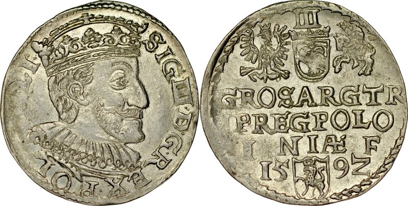 Zygmunt III 1587-1632, Trojak 1592, Olkusz.
 Kop. 948, Iger O.92.1.c, Gum. 999,...