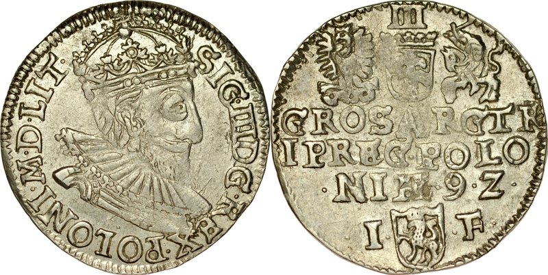 Zygmunt III 1587-1632, Trojak 1592, Olkusz.
 Kop. 952, Iger O.92.6.e, Gum. 1000...