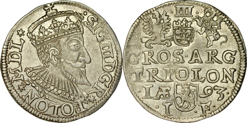 Zygmunt III 1587-1632, Trojak 1593, Olkusz.
 Kop. 963, Iger O.93.5.c, Gum. 1005...