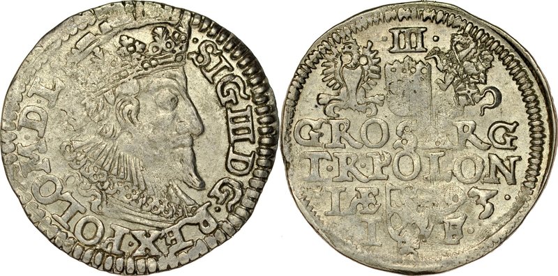 Zygmunt III 1587-1632, Trojak 1593, Olkusz.
 Kop. 965, Iger O.93.8.a, Gum. 1008...