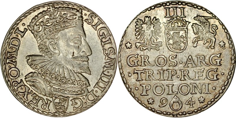 Zygmunt III 1587-1632, Trojak 1594, Malbork.
 Kop. 986, Iger M.94.3, Gum. 1021,...