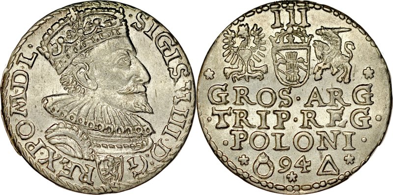 Zygmunt III 1587-1632, Trojak 1594, Malbork.
 Kop. 985, Iger M.94.1.a, Gum. 102...