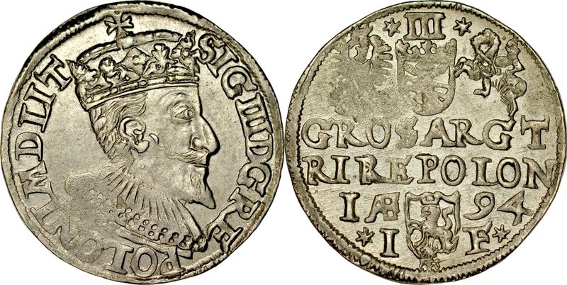 Zygmunt III 1587-1632, Trojak 1594, Olkusz.
 Kop. 976, Iger O.94.1.a, Gum. 1016...