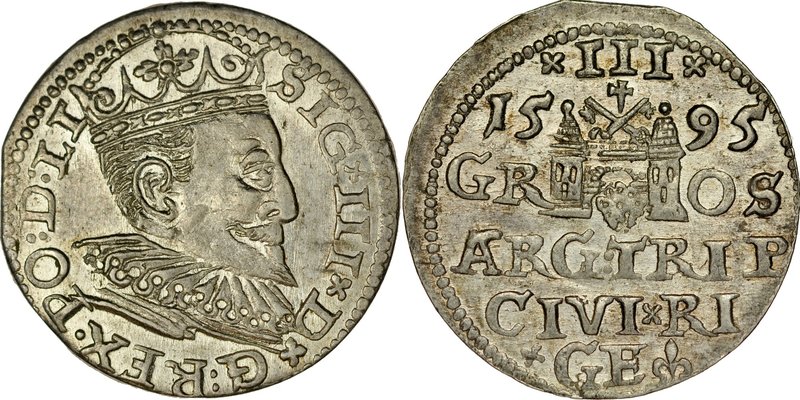 Zygmunt III 1587-1632, Trojak 1595, Ryga.
 Kop. 8191, Iger R.95.1, Gerb. 17, lu...