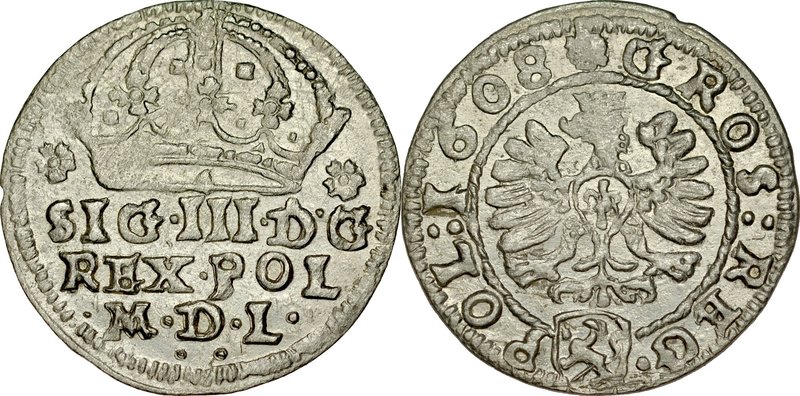 Zygmunt III 1587-1632, Grosz 1608, Kraków.
 Kop. 790, Kurp. 370, Gum. 946, ładn...