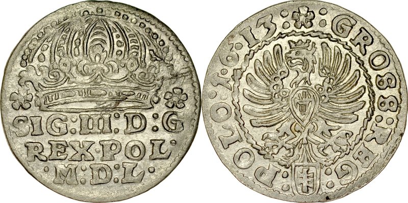 Zygmunt III 1587-1632, Grosz 1613, Kraków.
 Kop. 801, Kurp. -, Gum. 949, ostra,...