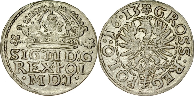 Zygmunt III 1587-1632, Grosz 1613, Kraków.
 Kop. 801, Kurp. 381, Gum. 949, pięk...