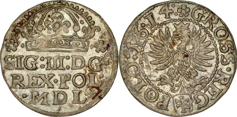 Zygmunt III 1587-1632, Grosz 1614, Kraków.
 Kop. 803, Kurp. 387, Gum. 949, paty...