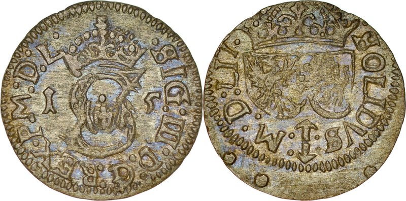 Zygmunt III 1587-1632, Szeląg 1615, Wilno.
 Kop. 3432, Gum. 1291, Ivanauskas 2S...