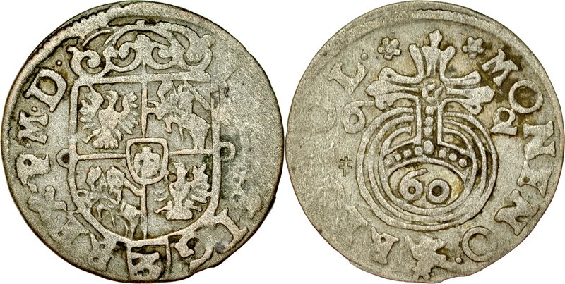 Jan II Kazimierz 1649-1668, Półtorak 1662, Poznań.
 Kop. 1572, Kurp. 72, Gum. 1...