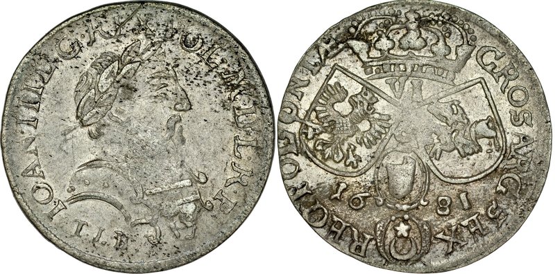 Jan III Sobieski 1674-1696, Szóstak 1681, Kraków.
 Kop. 1955, Kurp. 1199, Gum. ...