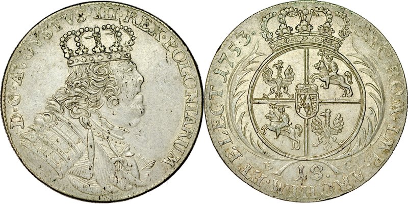 August III 1733-1763, 18 groszy 1753, Lipsk.
 Kop. 2108, Kam. 791, Gum. 2156
...