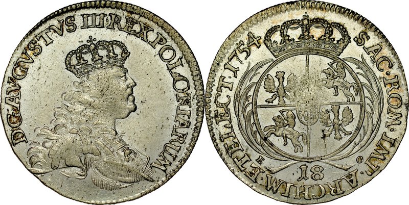 August III 1733-1763, 18 groszy 1754, Lipsk.
 Kop. 2111, Kam 795, Gum. 2158, sz...