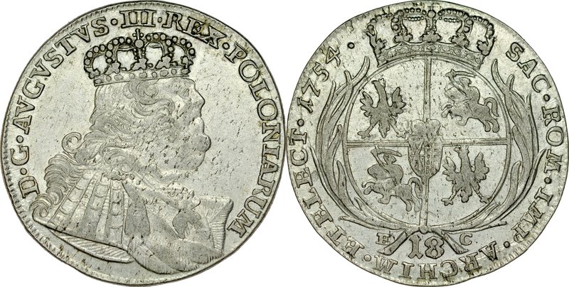 August III 1733-1763, 18 groszy 1754, Lipsk.
 Kop. 2111, Kam 809, Gum. 2158, ła...