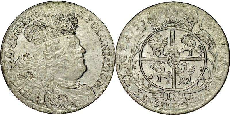 August III 1733-1763, 18 groszy 1755, Lipsk.
 Kop. 2113, Kam 824, Gum. 2161, po...