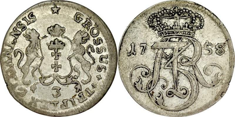 August III 1733-1763, Trojak 1758, Gdańsk.
 Kop. 7734, Iger G.58.1.a, Gum. 2209...