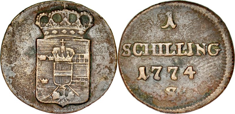 Monety dla Galicji i Lodomerii, Szeląg 1774, Wiedeń.
 Kop. 9195, Kam 472, Plage...