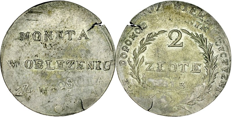 Monety z oblężenia Zamościa, 2 złote 1813, Zamość.
 Kop. 8450, Gum. 2478, Plage...