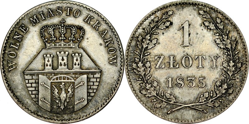 Wolne Miasto Kraków, Złotówka 1835, Wiedeń.
 Kop. 7859, Gum. 2577, Plage 294, l...
