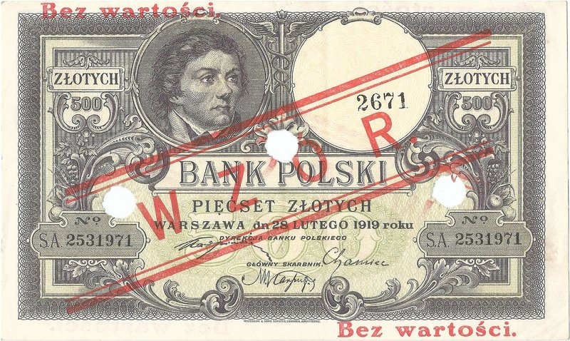 500 złotych 28.02.1919, seria S.A. 2531971, WZÓR.
 Miłczak 54b

Grade: VF