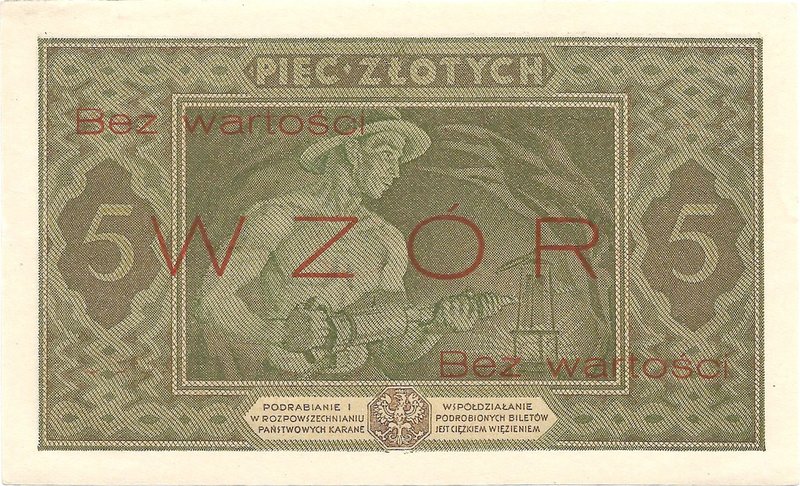 5 złotych 25.10.1926, seria A. 0245678, WZÓR.
 Miłczak 65

Grade: UNC-