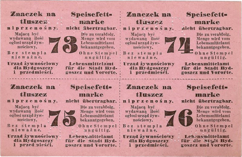 Karta żywnościowa, Bydgoszcz.
 Dwujęzyczna, wym. 16,3 x 10,5 cm, kolor różowy, ...