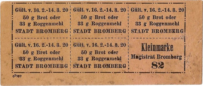Karta żywnościowa, Bydgoszcz, luty/marzec 1920.
 Niemieckojęzyczna, wym. 11,7 x...