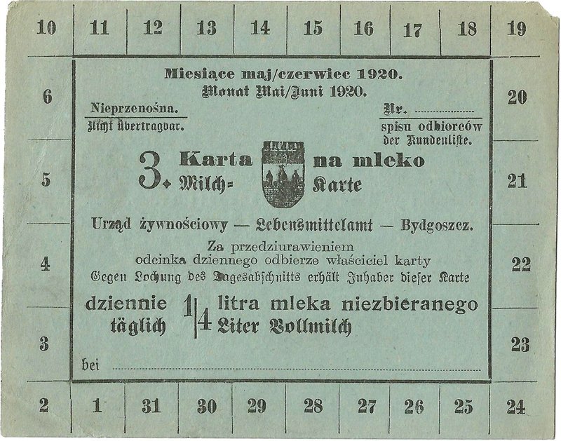 Karta żywnościowa, Bydgoszcz, maj/czerwiec 1920.
 Dwujęzyczna, wym. 12,0 x 9,5 ...