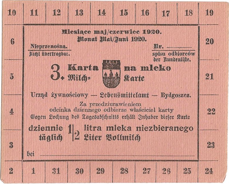 Karta żywnościowa, Bydgoszcz, maj/czerwiec 1920.
 Dwujęzyczna, wym. 11,7 x 9,4 ...